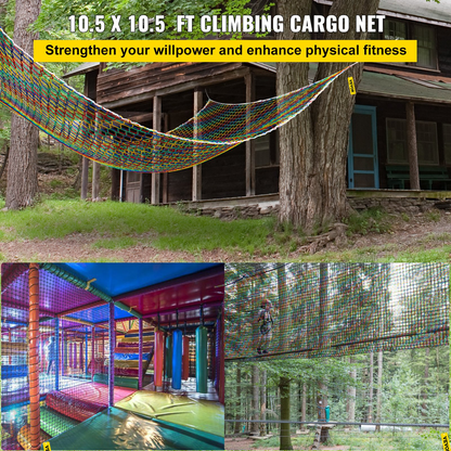 VEVOR Climbing Cargo Net, 10.5 x 10.5 ft Playground Climbing Cargo Net, Polyester Double Layers Cargo Net Climbing Outdoor w/500lbs Weight Capacity, Rope Bridge Net for Tree House, Monkey Bar, Rainbow