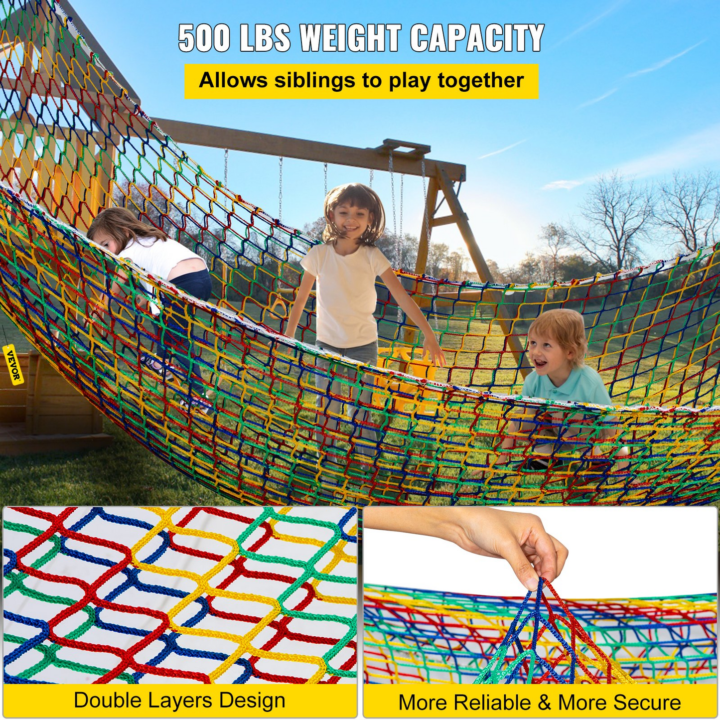 VEVOR Climbing Cargo Net, 10.5 x 10.5 ft Playground Climbing Cargo Net, Polyester Double Layers Cargo Net Climbing Outdoor w/500lbs Weight Capacity, Rope Bridge Net for Tree House, Monkey Bar, Rainbow