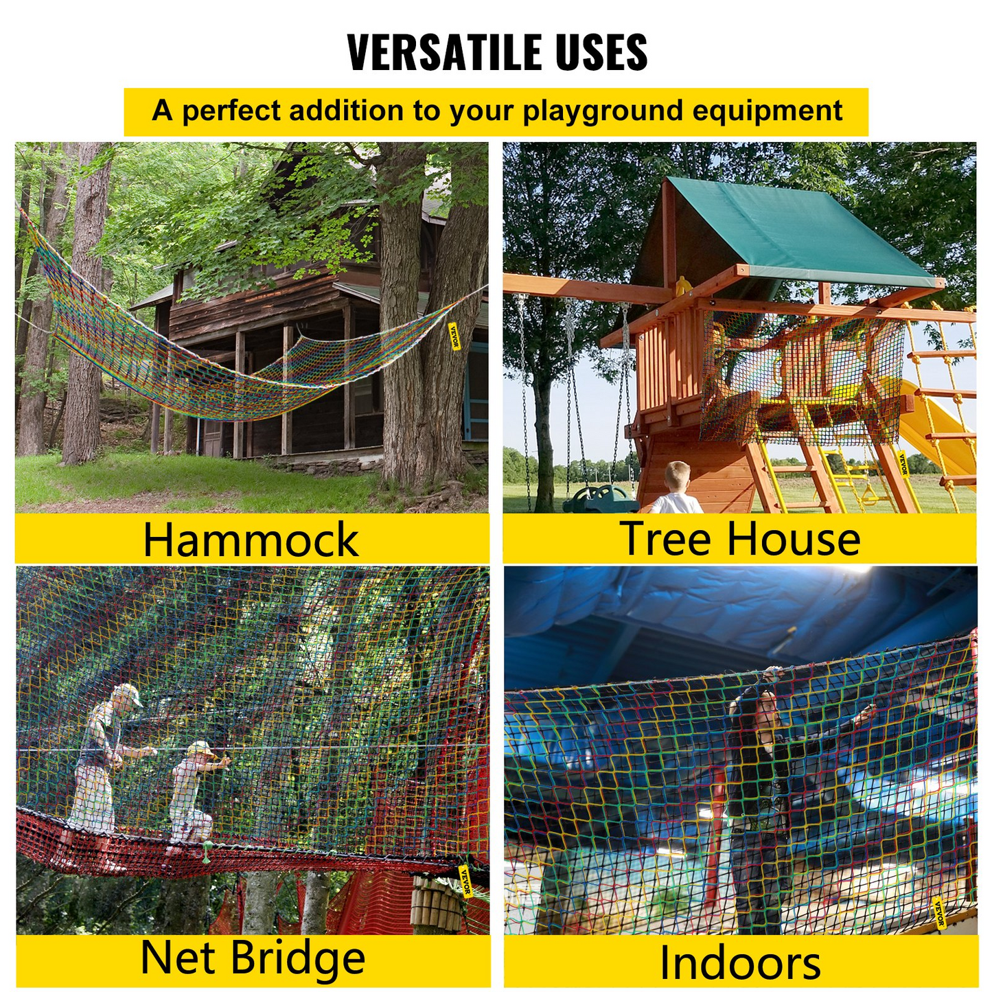 VEVOR Climbing Cargo Net, 10.5 x 10.5 ft Playground Climbing Cargo Net, Polyester Double Layers Cargo Net Climbing Outdoor w/500lbs Weight Capacity, Rope Bridge Net for Tree House, Monkey Bar, Rainbow