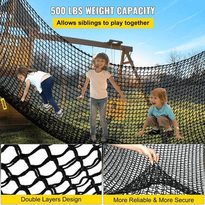 VEVOR Climbing Cargo Net, 6.6 x 10.5 ft Playground Climbing Cargo Net, Polyester Double Layers Cargo Net Climbing Outdoor w/ 500lbs Weight Capacity, Rope Bridge Net for Tree House, Monkey Bar, Black - Loomini