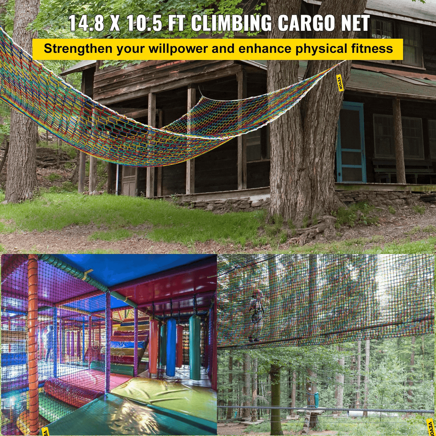 VEVOR Climbing Cargo Net, 14.8 x 10.5 ft Playground Climbing Cargo Net, Polyester Double Layers Cargo Net Climbing Outdoor w/500lbs Weight Capacity, Rope Bridge Net for Tree House, Monkey Bar, Rainbow - Loomini