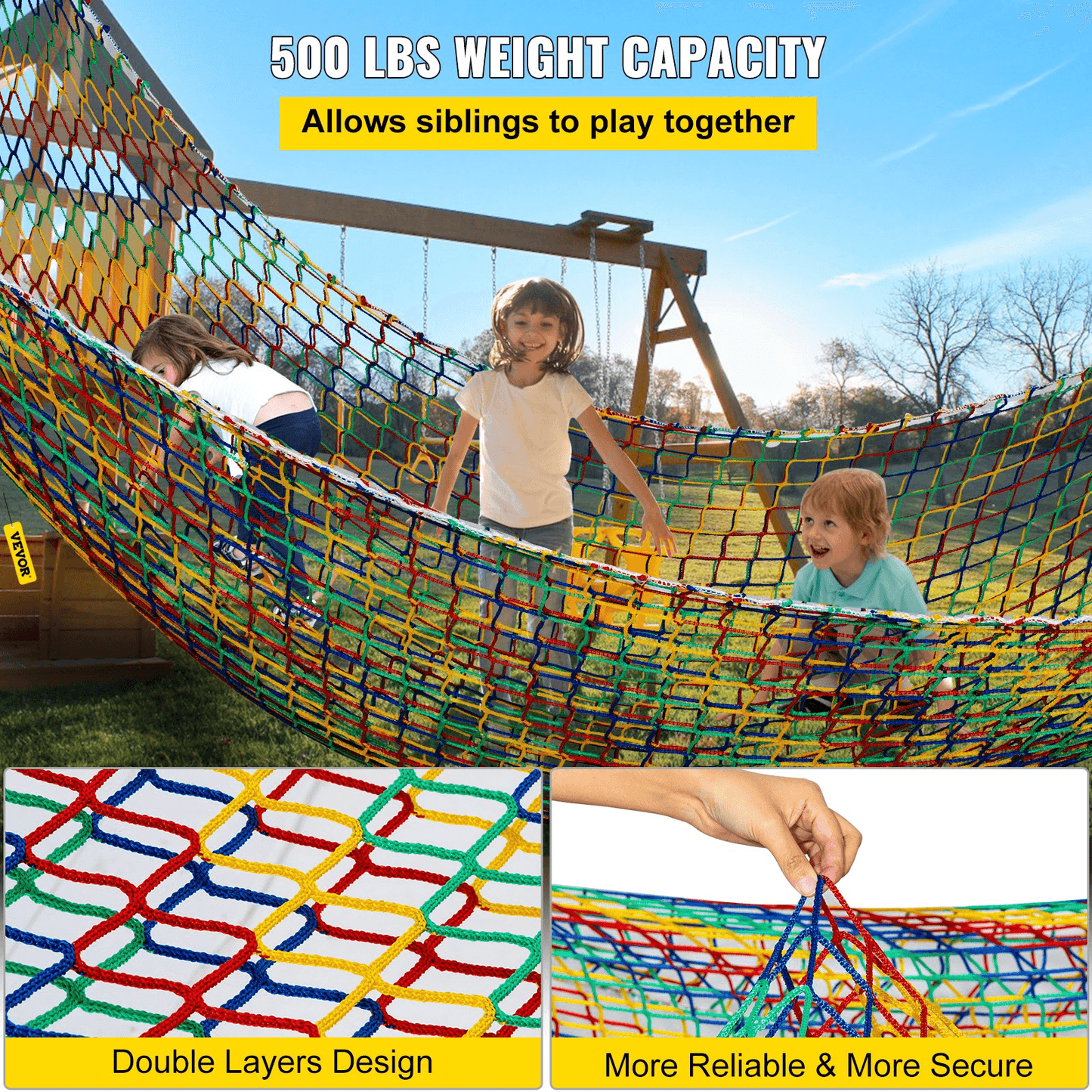 VEVOR Climbing Cargo Net, 14.8 x 10.5 ft Playground Climbing Cargo Net, Polyester Double Layers Cargo Net Climbing Outdoor w/500lbs Weight Capacity, Rope Bridge Net for Tree House, Monkey Bar, Rainbow - Loomini