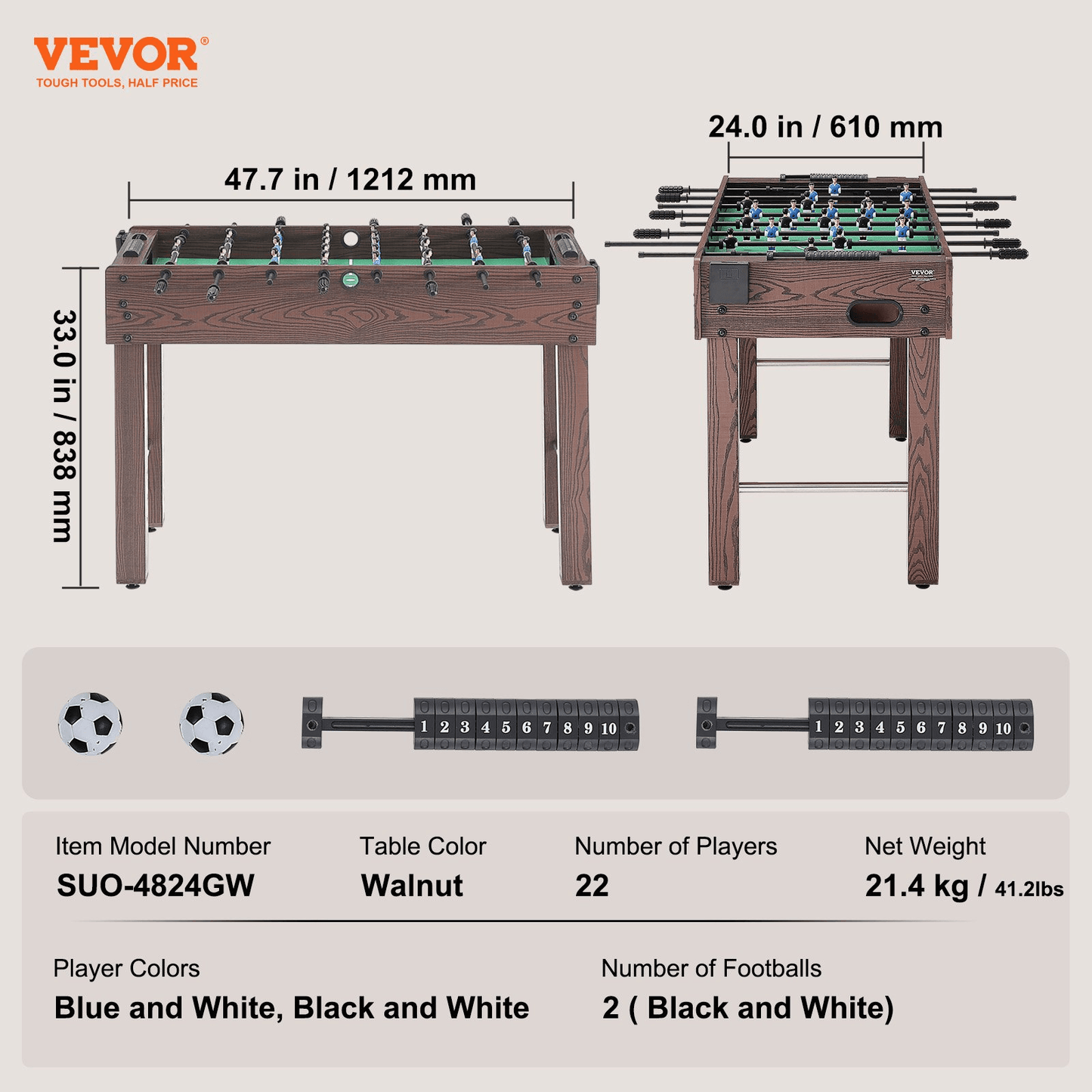 VEVOR Foosball Table, 48 inch Standard Size Foosball Table, Indoor Full Size Foosball Table for Home, Family, and Game Room, Soccer with Foosball Table Set, Includes 2 Balls and 2 Cup Holders - Loomini