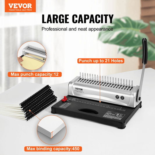 VEVOR Binding Machine, Comb Binding Machine 21-Holes Binding 450 Sheets, Book Binder Machine with 100 PCS 3/8'' Comb Binding Spines, for Letter Size, A4, A5 - Loomini