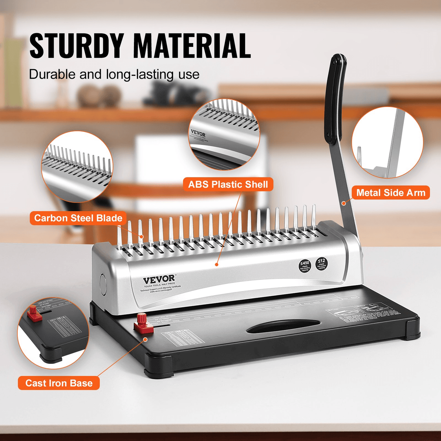 VEVOR Binding Machine, Comb Binding Machine 21-Holes Binding 450 Sheets, Book Binder Machine with 100 PCS 3/8'' Comb Binding Spines, for Letter Size, A4, A5 - Loomini