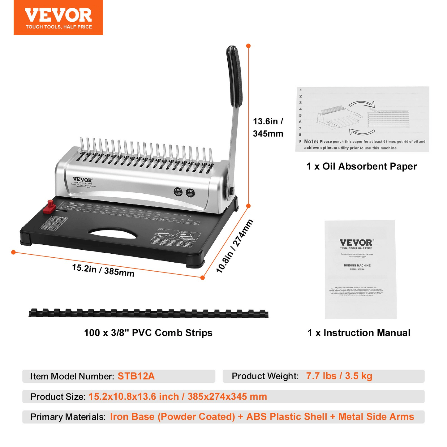 VEVOR Binding Machine, Comb Binding Machine 21-Holes Binding 450 Sheets, Book Binder Machine with 100 PCS 3/8'' Comb Binding Spines, for Letter Size, A4, A5 - Loomini