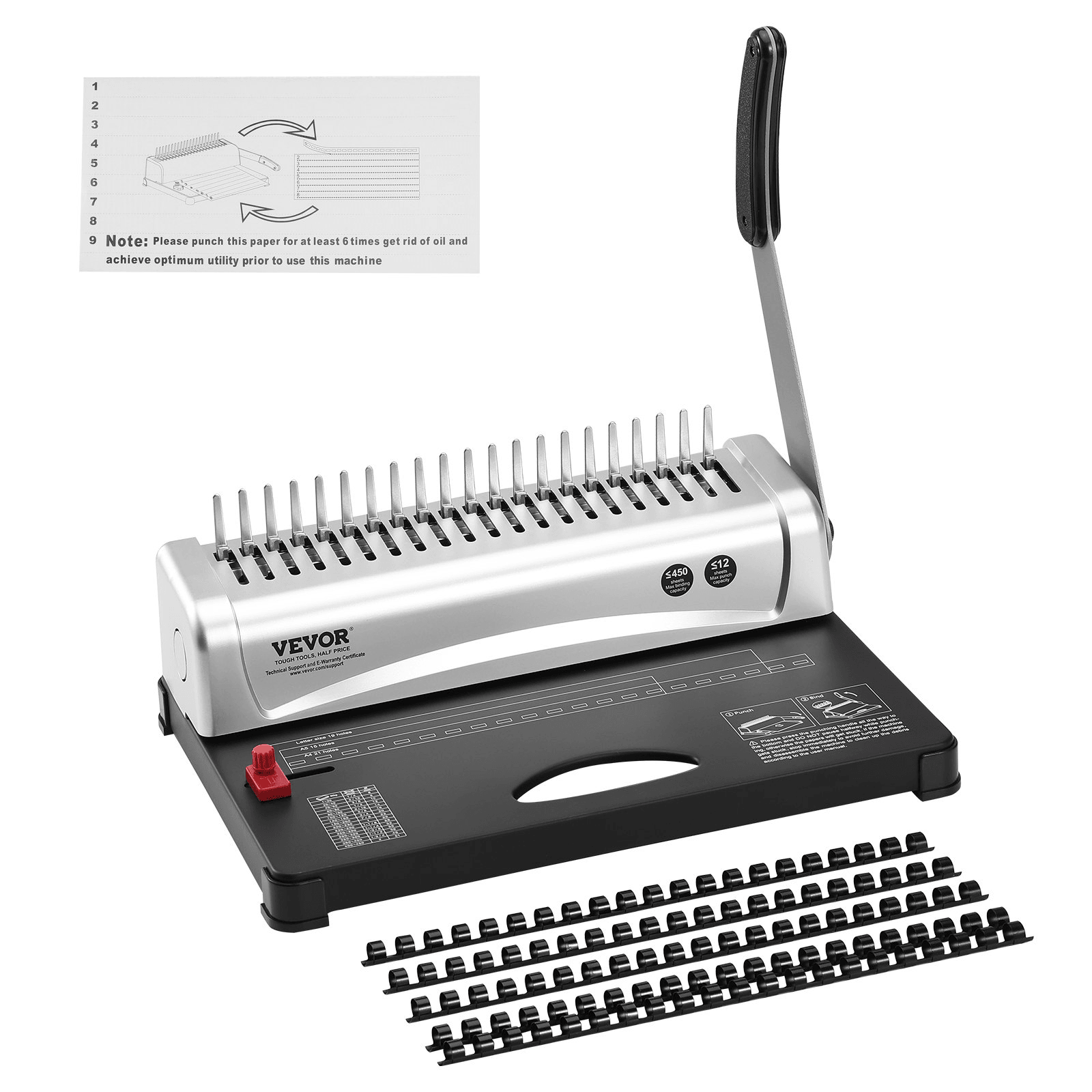 VEVOR Binding Machine, Comb Binding Machine 21-Holes Binding 450 Sheets, Book Binder Machine with 100 PCS 3/8'' Comb Binding Spines, for Letter Size, A4, A5 - Loomini