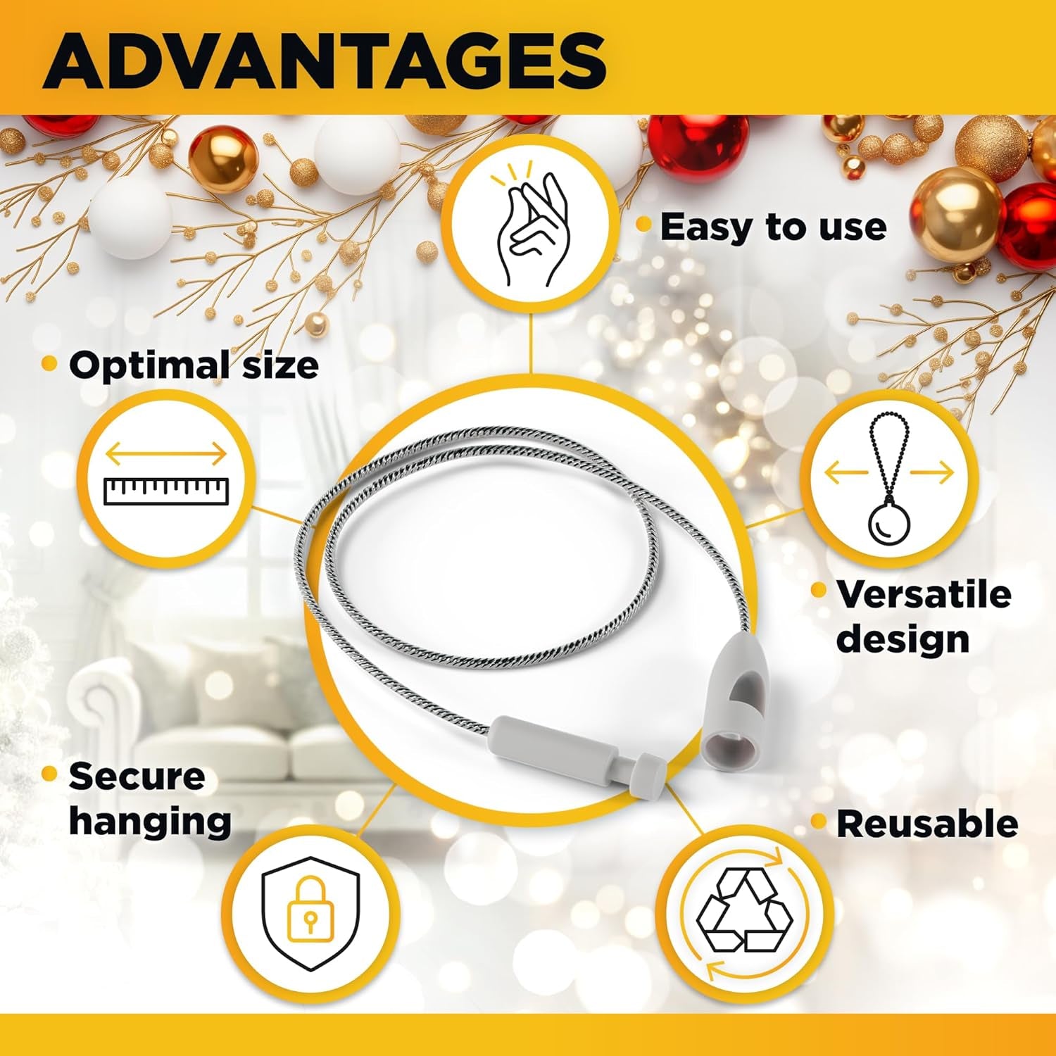 200 Pcs Christmas Ornament Hooks - Gold Christmas Ornament Hangers with Snap - Precut Ornament String with Snap for Christmas Tree Decoration