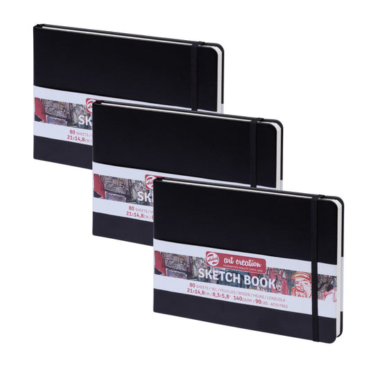 Sketchbook, 80 Sheets, 90lbs, Black Cover, 8.3" x 5.8" (A5), Pack of 3