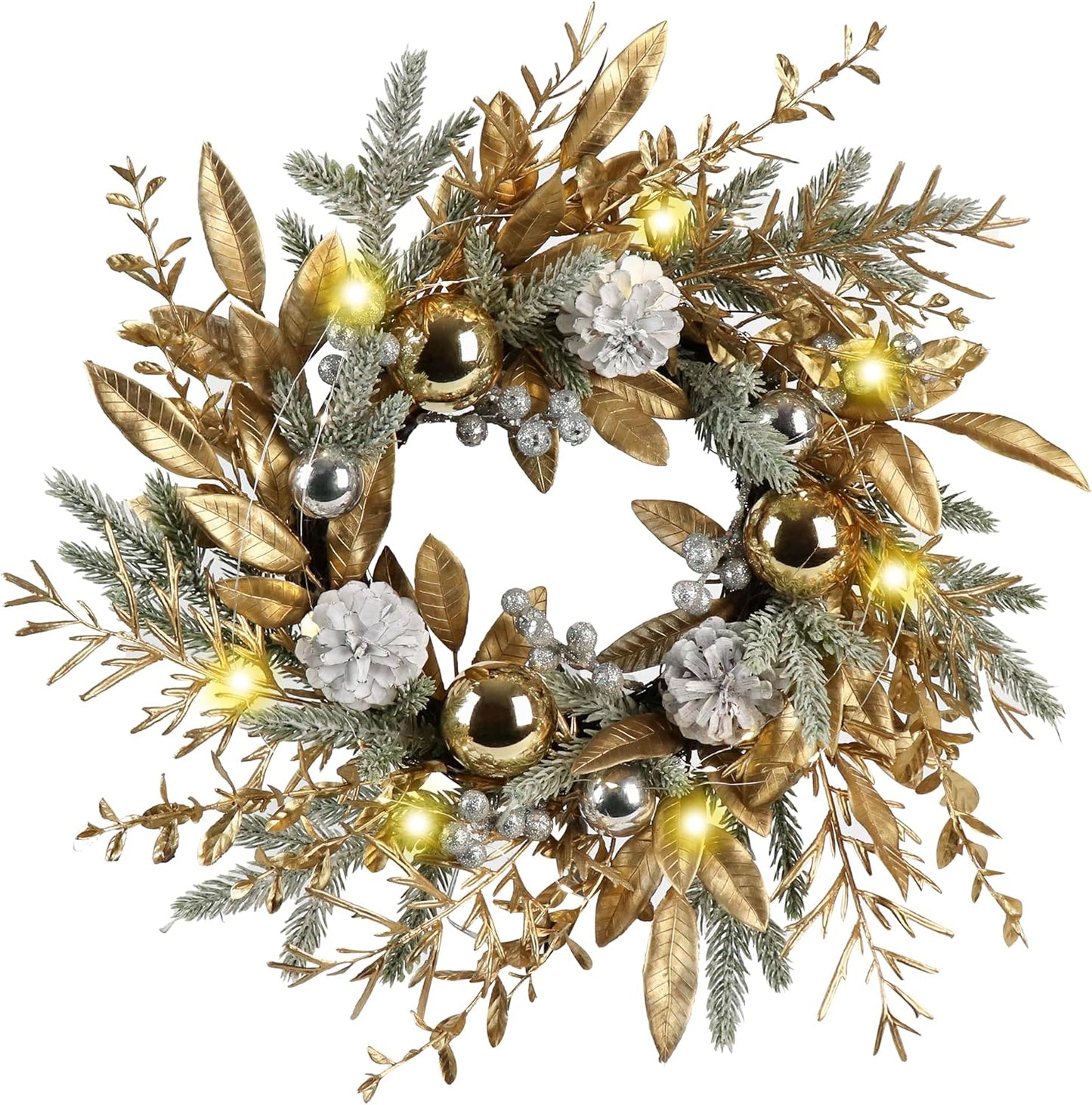 Christmas Wreath 20 Inch Christmas Door Decorations Wreath with Warm Lights,Christmas Balls, Pine Cones, Golden Twigs, Pine Needles and Silver Berries for Door Window Outdoor Home Decoration