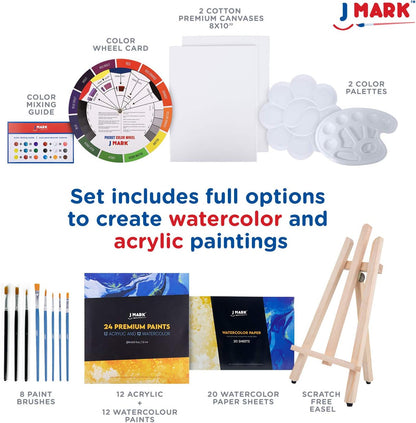 Acrylic & Watercolor Painting Kit – Complete Painting Set with Watercolor Kit, Acrylic & Watercolor Paint Tubes, Wood Easel, Watercolor Paper, Canvas Painting Kit & More