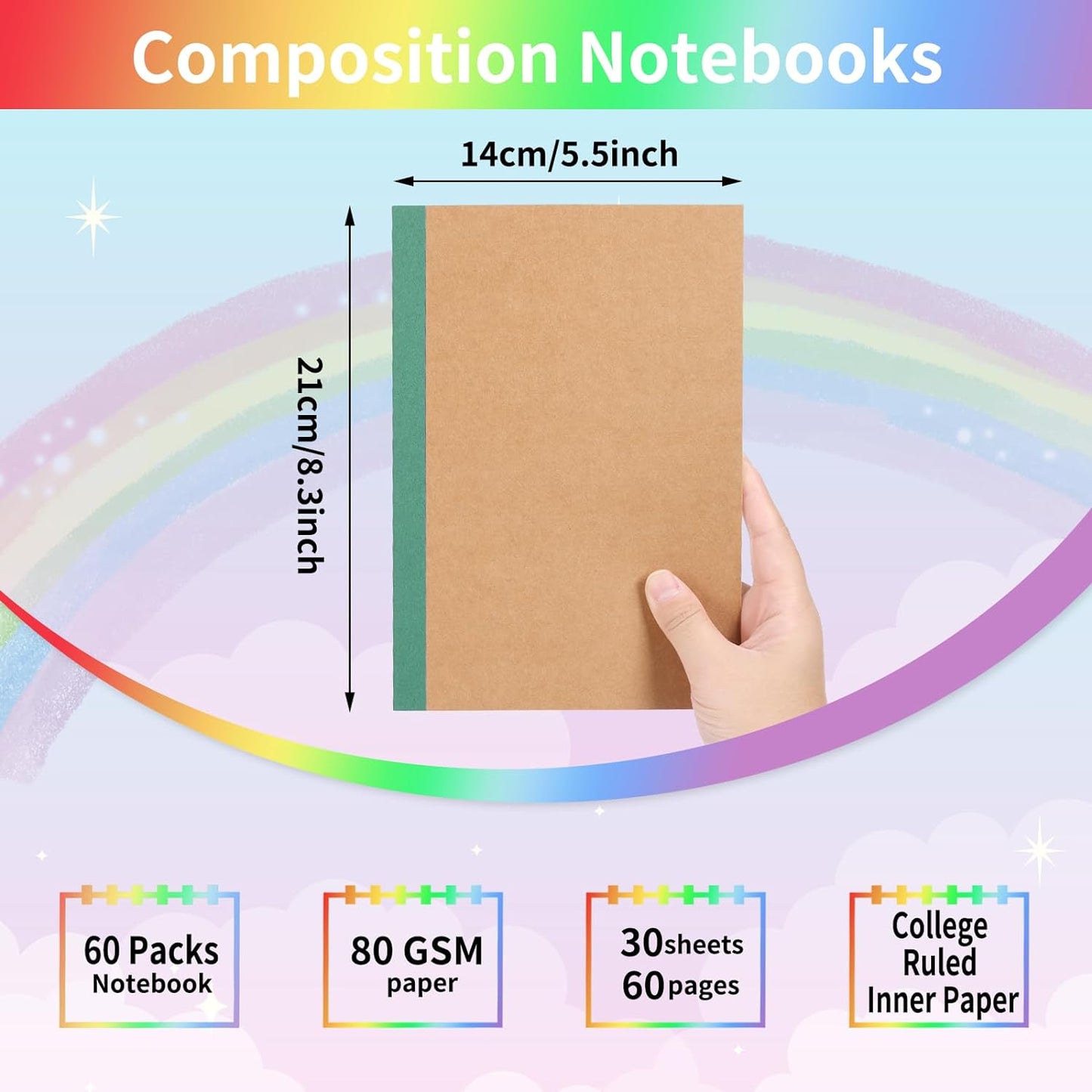 60 Pack A5 Kraft Notebooks, Composition Notebooks Lined Journal Bulk, 15 Colors with Rainbow Spines, 60 Pages for Kids Women Girls, School Office Supplies