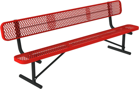 Norwood Commercial Furniture Open Air Series 8' Rectangular Surface Mount Bench, 8' Commercial-Grade Steel Portable Outdoor Bench with Back, Red