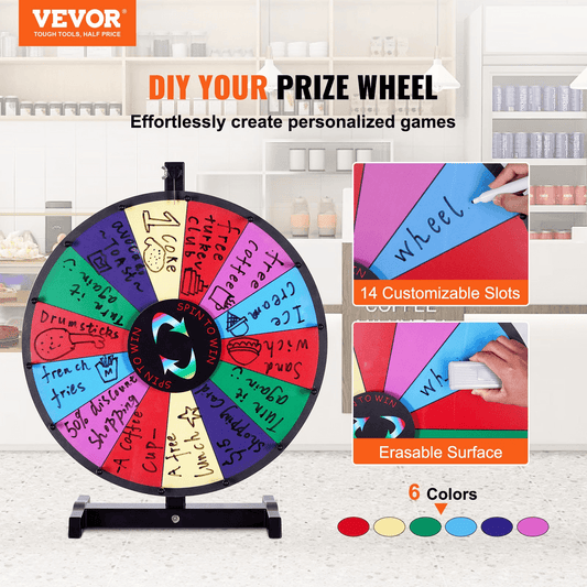 VEVOR 18 inch Spinning Prize Wheel, 14 Slots Tabletop Spinner, Heavy Duty Roulette Wheel with a Dry Erase and 2 Markers, Win Fortune Spin Games in Party Pub Trade Show Carnival - Loomini