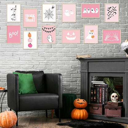 Halloween Wall Art Prints Pink Cute Ghost Boo Paper Posters Halloween Picture Decoration for Party Gallery Living Room Office, 8 X 10 Inch, Unframed