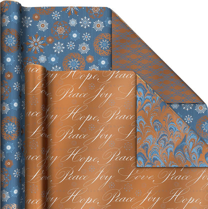 Reversible Christmas Wrapping Paper Bundle, Elegant Blue and Gold (4 Rolls: 150 Sq. Ft. Ttl.) Dark Blue, Gold, Teal Snowflakes, Peace, Stripes, Geometric