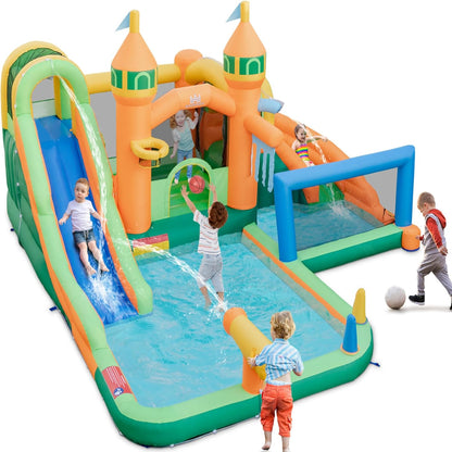 Inflatable Water Slide Park, 9 in 1 Mega Waterslide Bounce House for Outdoor W/Dual Slides, Giant Splash Pool, 735W Blower, Water Slides Inflatables for Kids and Adults Backyard Party Gifts