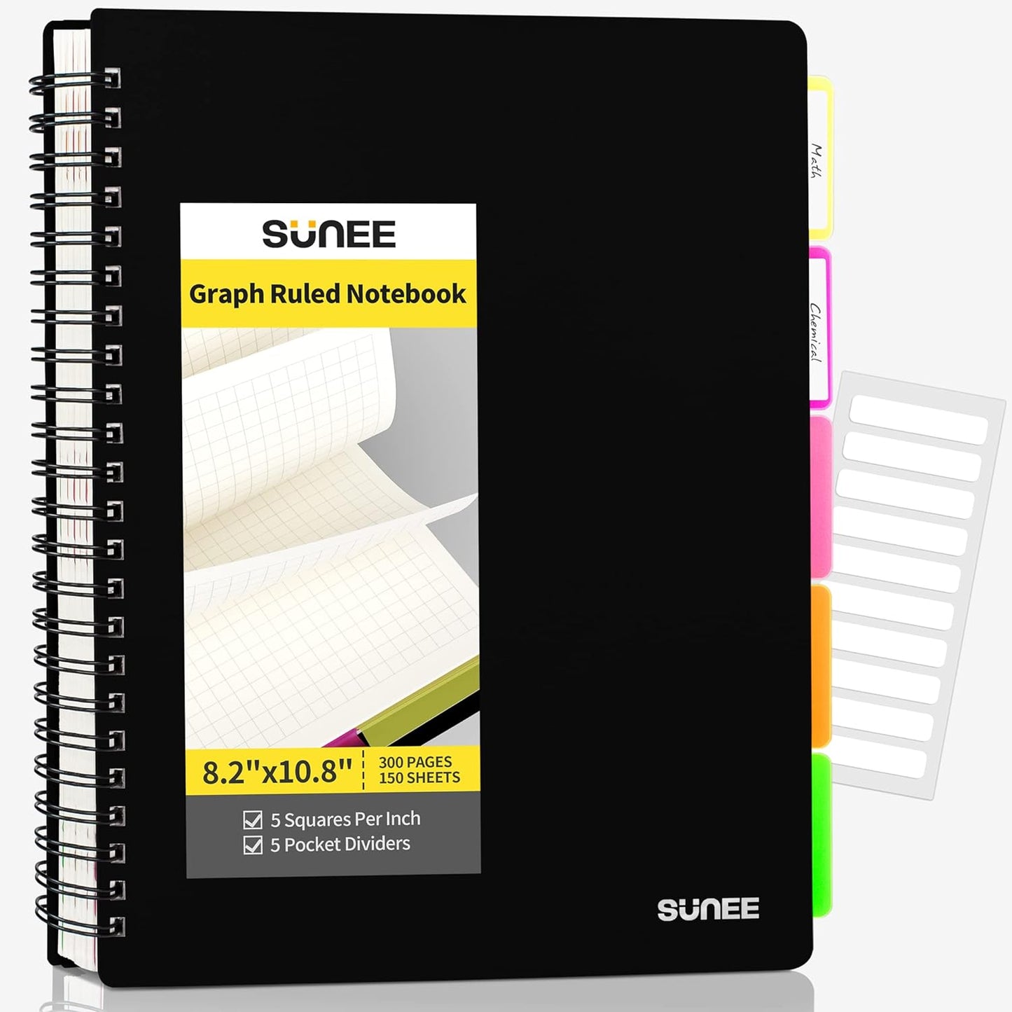 Graph Paper Notebook - 300 Pages, 5 Subject, 8.2"X10.8", 5 X 5Mm Grid, 5 Pocket Colored Dividers, 3-Hole Punched Quad Paper for Math, Engineering, Writing/Drawing Journals, Black