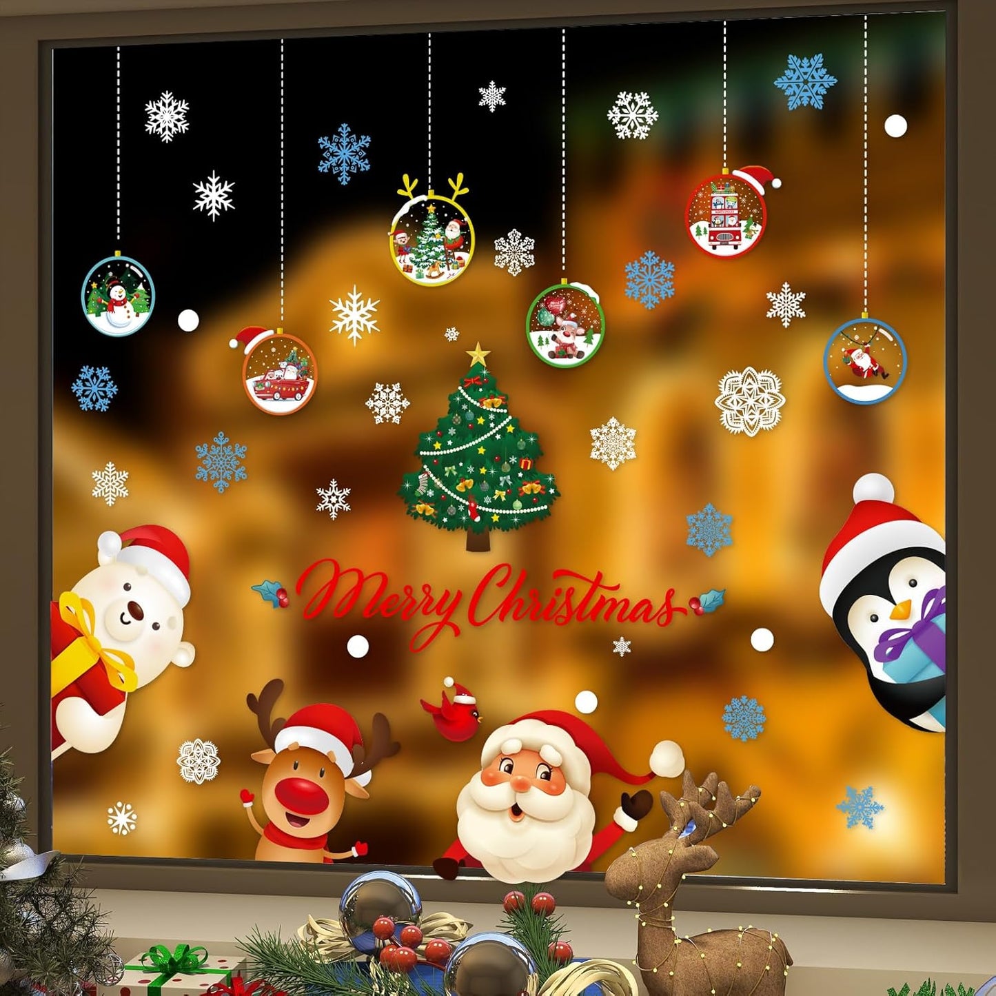 Double-Sided Christmas Window Clings Reusable 8 Sheets Christmas Window Decals Stickers Christmas Decorations Cute Window Decor with Santa Claus, Reindeer, Snowman, Snowflakes for Xmas Party