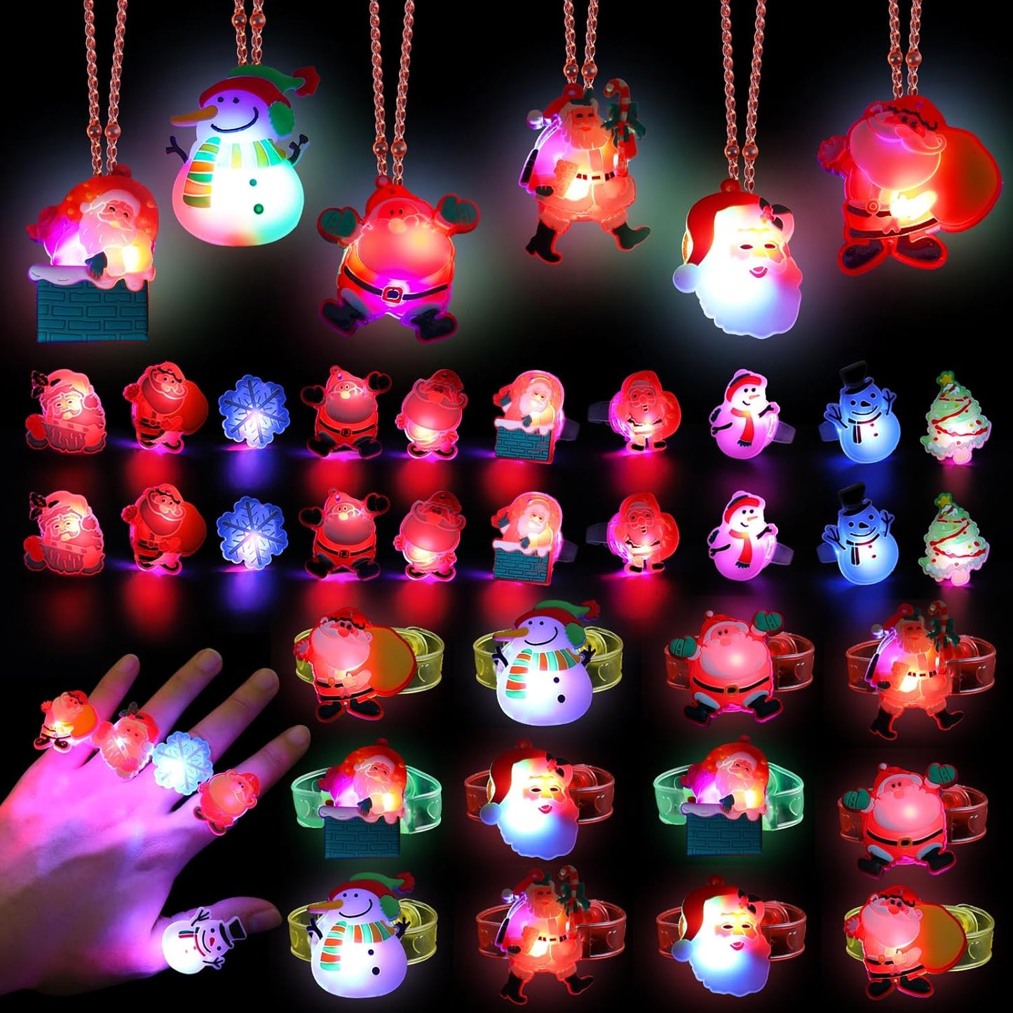 54Pack Christmas Party Favors for Kids Light up Necklace Lighted Rings LED Flash Bracelet Bulk Flashing Light Glow in the Dark Xmas Stocking Stuffers for Christmas Party Supplies