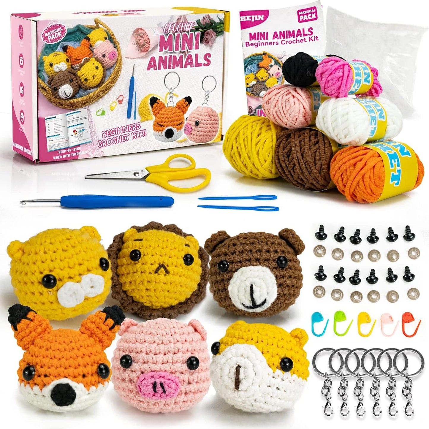 Beginner Crochet Kit, Crochet Kits for Kids and Adults, 3PCS Crochet Animal Kit for Beginners Include Videos Tutorials, Yarn, Eyes, Stuffing, Crochet Hook - Boys and Girls Birthdays Gift