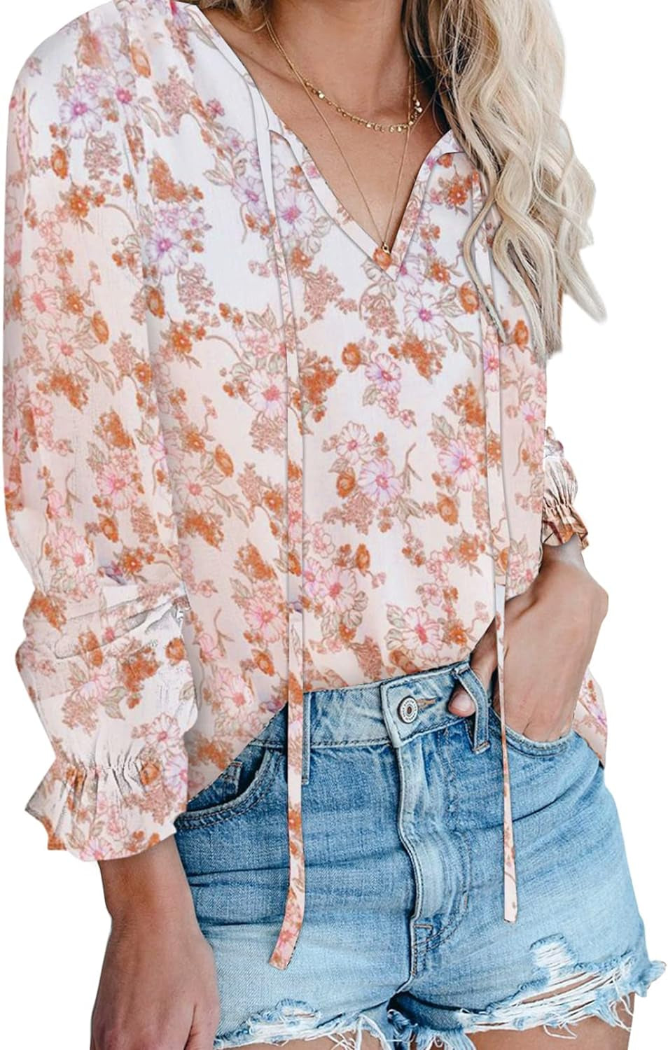 Women'S Casual Boho Floral Printed V Neck Tops Drawstring Short Long Sleeve T Shirt Blouses