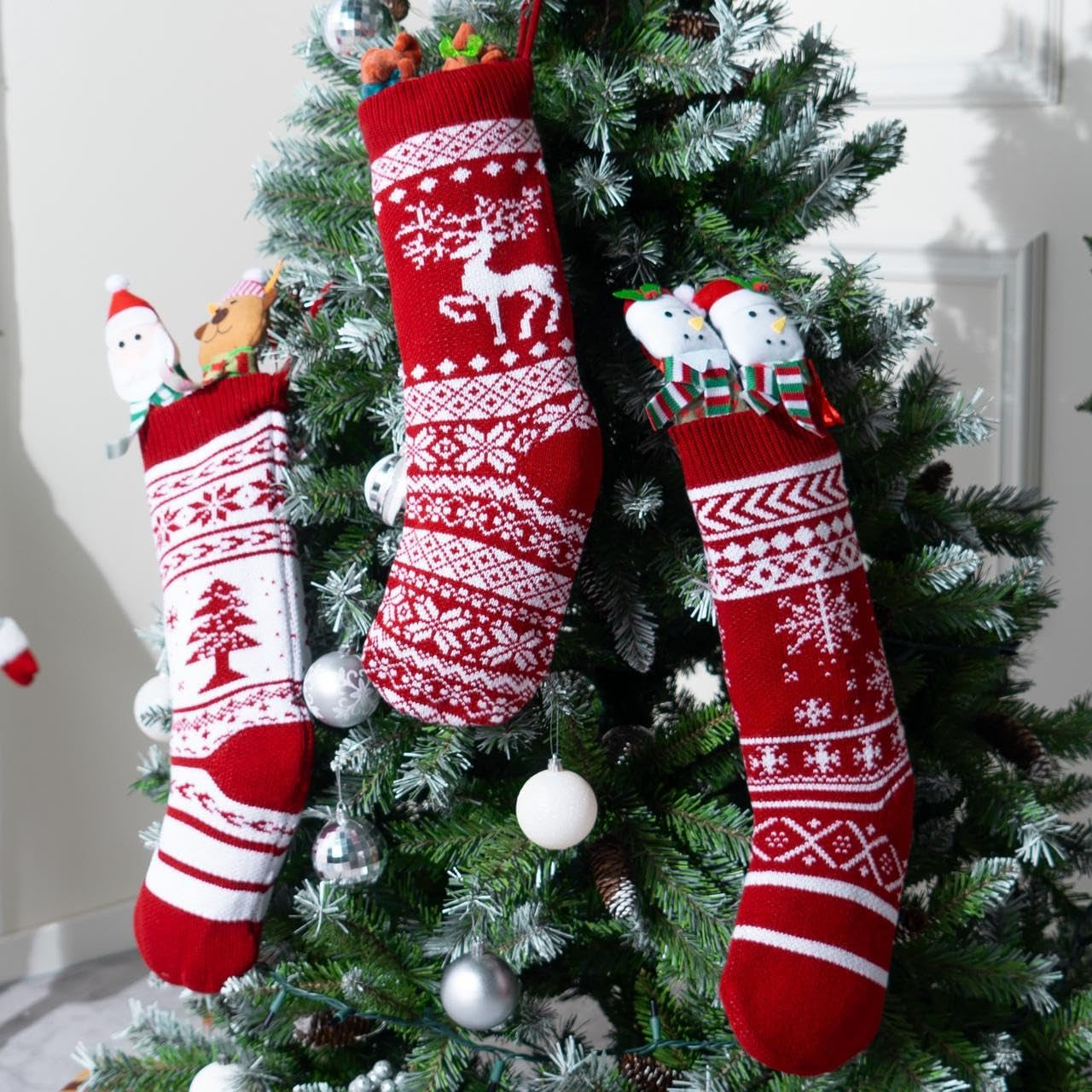 3 Pack 18” Knit Christmas Stockings, Reindeer/Christmas Tree/Snow Flakes Knitted Stocking Decorations for Holiday Tree Decor