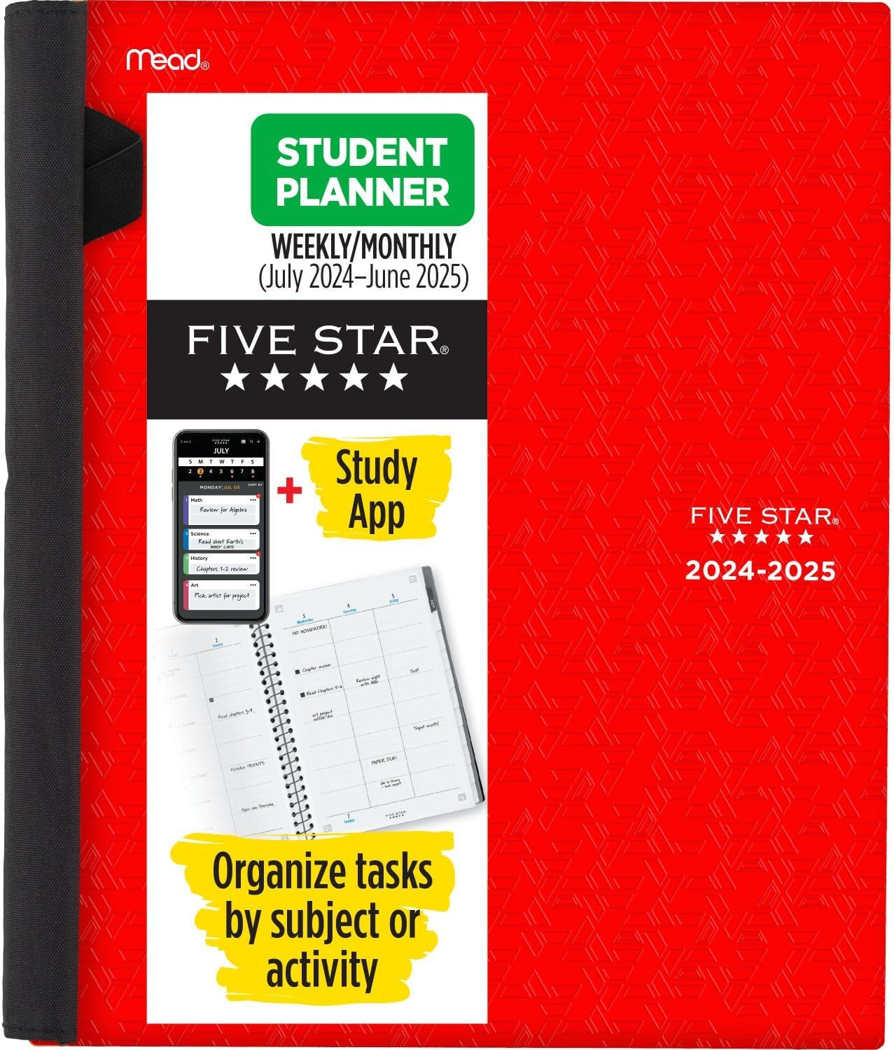 Spiral Notebook + Study App, 5 Subject, College Ruled Paper, Advance Notebook with Spiral Guard, Movable Tabbed Dividers and Expanding Pockets, 8-1/2" X 11", 200 Sheets, Black (73144)