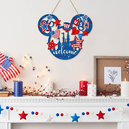 4Th of July Door Sign Mouse Shaped Decorations, Patriotic Stars USA Wooden Signs, American Flag Welcome Hollow Out Wood Hanging Sign for Front Door Decor, Independence Day Party Home Wall Decor