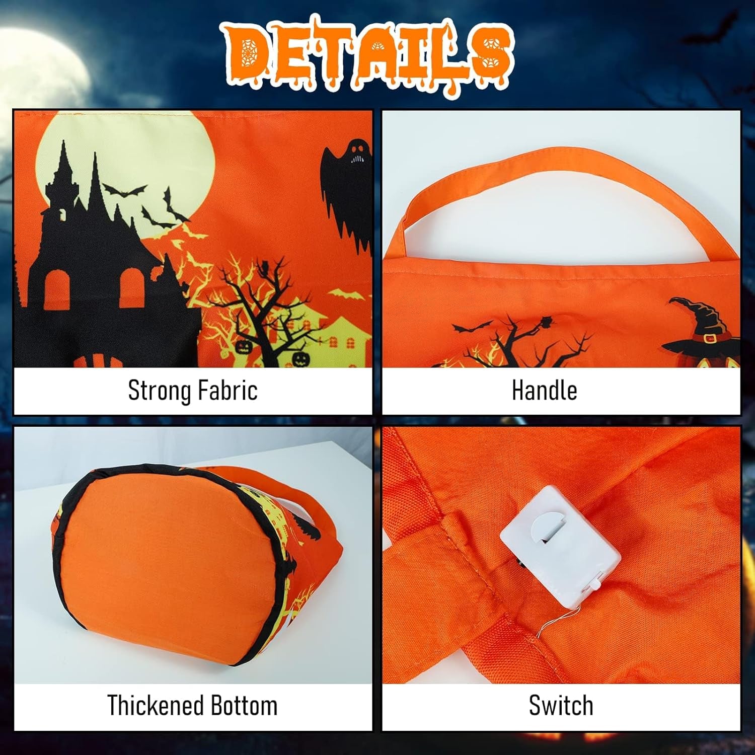 Halloween Trick or Treat Candy Bags LED Light up Pumpkin Bucket, Collapsible Reusable Candy Basket, Fabric Tote Gift Goody Bags for Kids Halloween Party (Orange-Led)