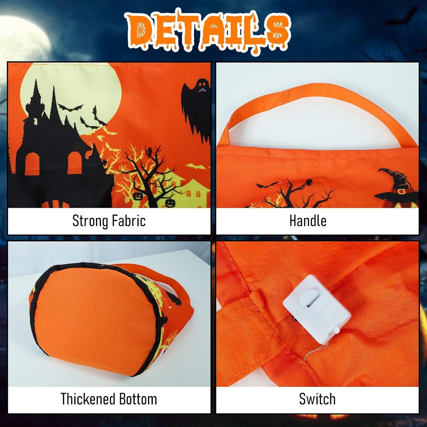 Halloween Trick or Treat Candy Bags LED Light up Pumpkin Bucket, Collapsible Reusable Candy Basket, Fabric Tote Gift Goody Bags for Kids Halloween Party (Purple-Led)