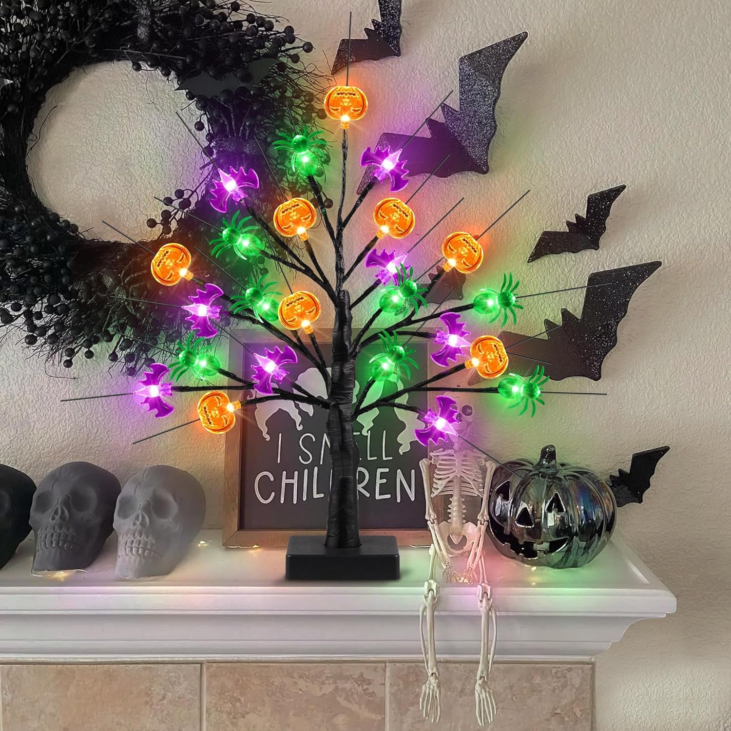 [Timer] Halloween Decor 18 Inch Black Halloween Tree with 24 LED Pumpkin Bat Spider Light, Usb/Battery Operated Lighted Birch Tree Spooky Halloween Table Decorations Indoor Outdoor for Home Room Party