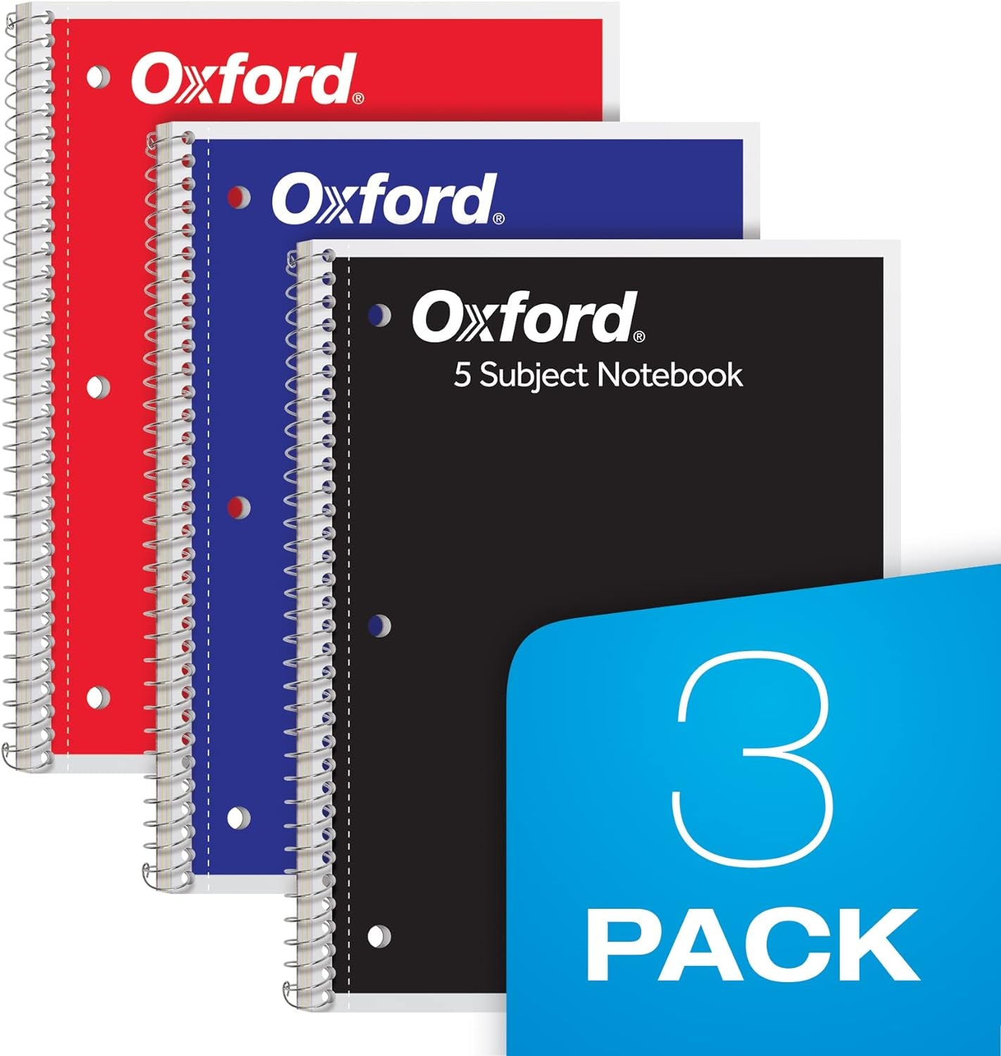 Spiral Notebook 3 Pack, 5 Subject, College Ruled Paper, 4 Dividers, 8 X 10-1/2 Inches, Black, Red, Blue, 180 Sheets (65203)