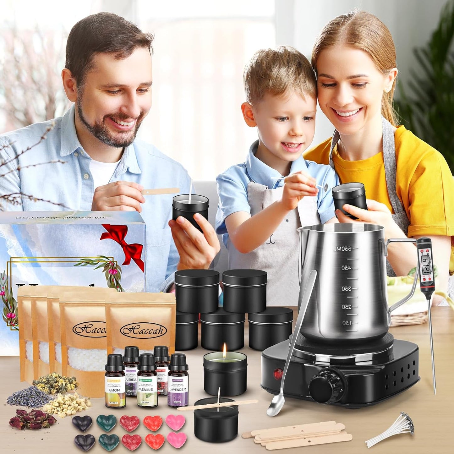 Complete Candle Making Kit with Wax Melter, Making Supplies,Diy Arts&Crafts Gift for Kids,Beginners,Adults,Including 500W Electronic Stove,Wicks,Rich Scents,Dyes,Melting Pot,Candle Tins