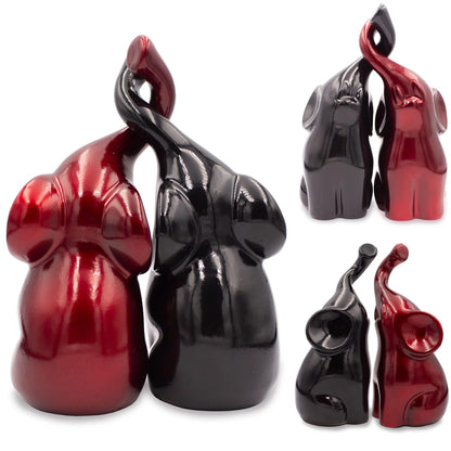 Black and Red Trunk Up Elephant Pair Statues   PolyStone Decor Figurines   Un