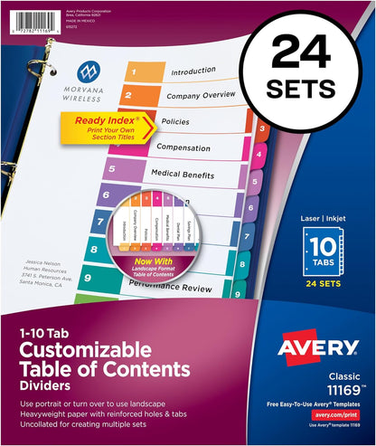 12 Tab Dividers for 3 Ring Binders, Customizable Table of Contents, Multicolor Tabs, 6 Sets (11196)