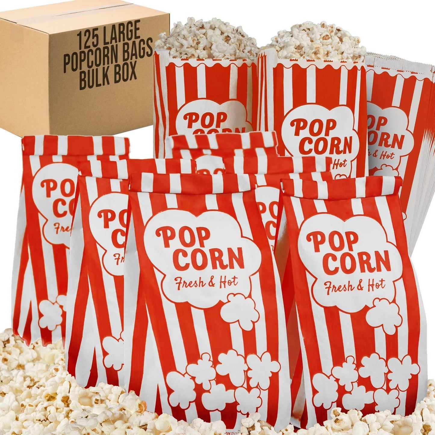 Popcorn Bags 2oz   Bulk Pack of 125   Large White & Red Individual Pop Corn