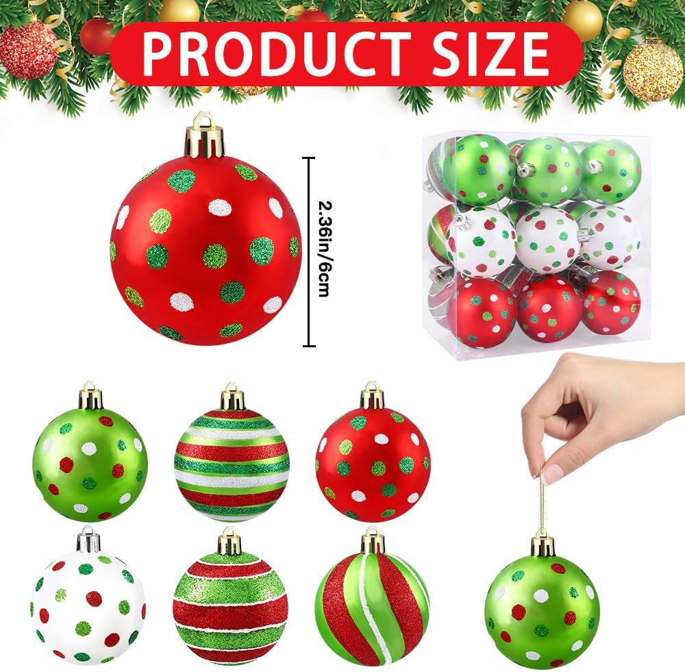 18Pcs Christmas Balls Ornament 2.4 Inch Glittering Hanging Xmas Balls for Tree Decoration Swirl Candy Cane Elf Balls Red Green Plastic Christmas Baubles for Home Indoor Holiday Party Decor