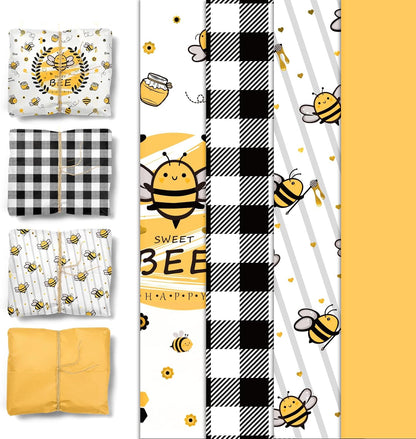 Bee Party Supplies - 24 Sheets Tissue Paper for Bee Day Theme Gift Wrap, Yellow Black Honey Bee Wrapping Tissue Paper for Birthday Baby Shower Gender Reveal Bee Day Party Decoration