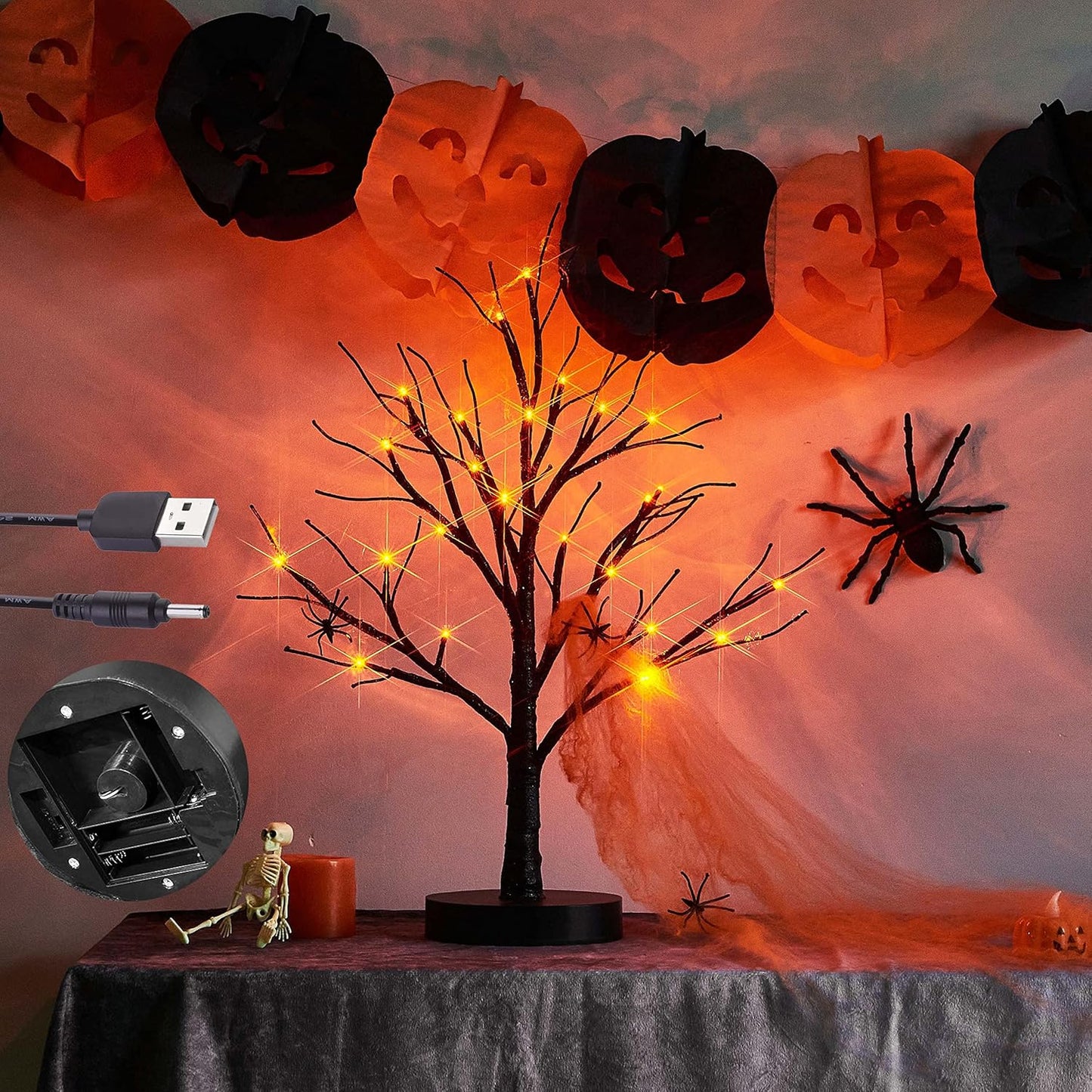 Lighted Tabletop Black Glittered Spooky Tree with Orange Lights 24 LED 18 Inches for Halloween Witch Decoration Battery Operated or USB Plug in Indoor Use