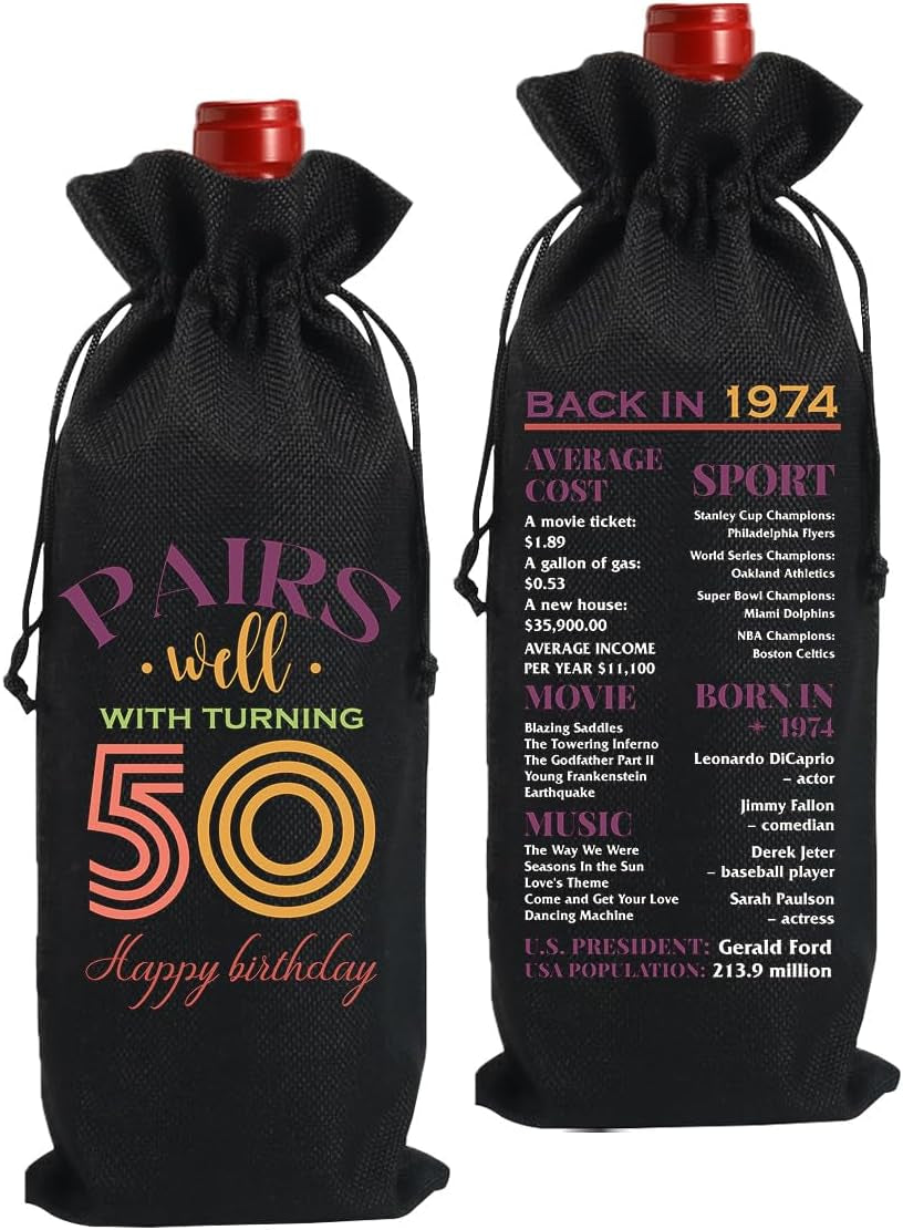 Funny 50Th Birthday Gifts for Her Him Wine Bag, Happy Anniversary 50Th Birthday Party Decorations Men Wine Bottle Bag, 50 Year Old 1974 Birthday Gifts for Women Black Wine Bags