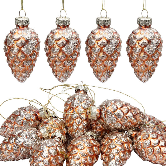 12 Pcs Christmas Pinecone Glass Ornaments- Fall Hanging Pine Cone Painted Glass Ornaments- Glitter Pinecone Christmas Ornament for Xmas Tree DIY Crafts Fall Thanksgiving Day Decoration