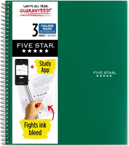 Spiral Notebook + Study App, 3 Subject, College Ruled Paper, Fights Ink Bleed, Water Resistant Cover, 8-1/2" X 11", 150 Sheets, Blue (73623)