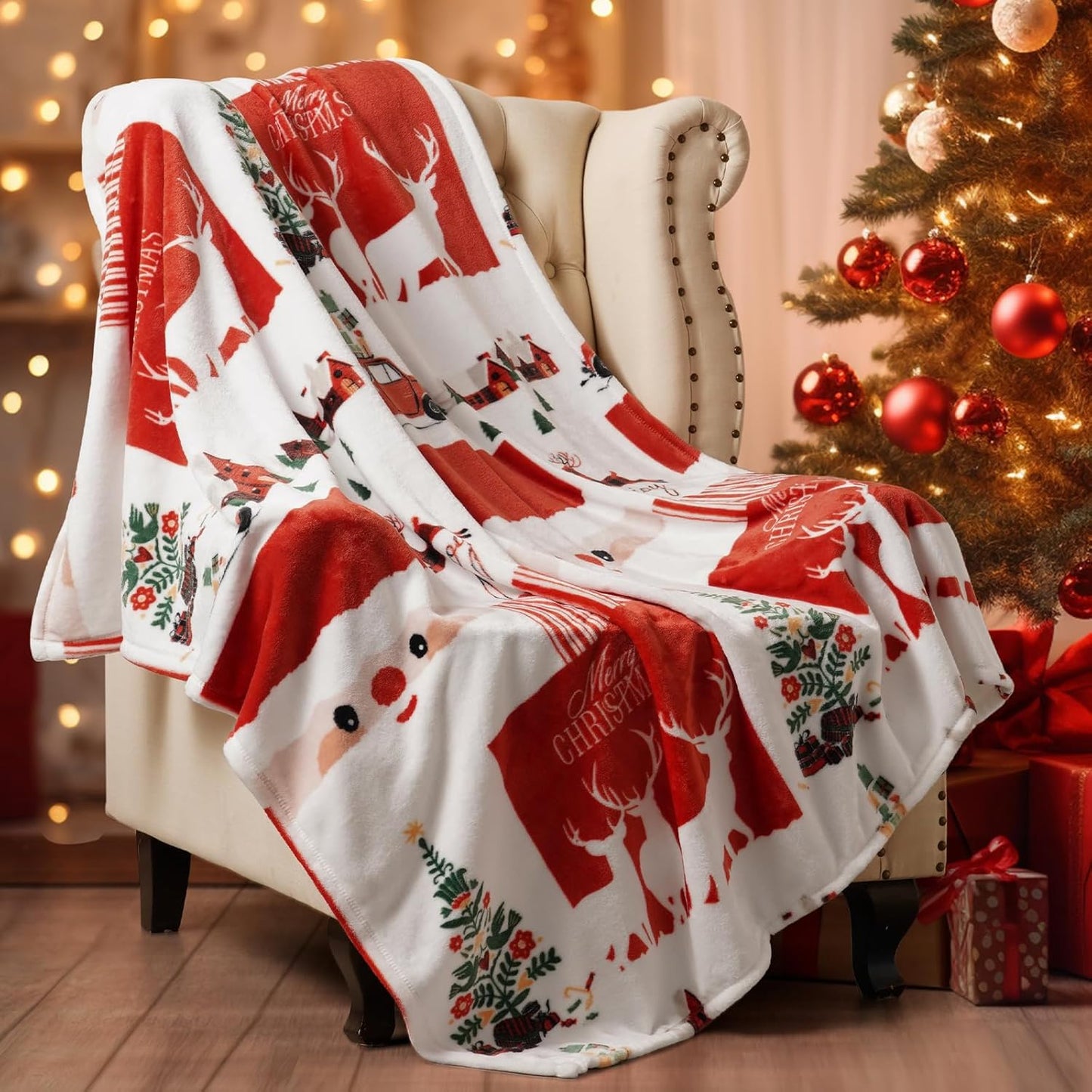 Printed Fleece Throw Blanket, No Shed No Pilling Ultra Soft Plush Cozy Xmas Prints Theme Home Décor Flannel Blanket for Bed, Sofa, Couch and Gift, 50" X 60", Christmas Island