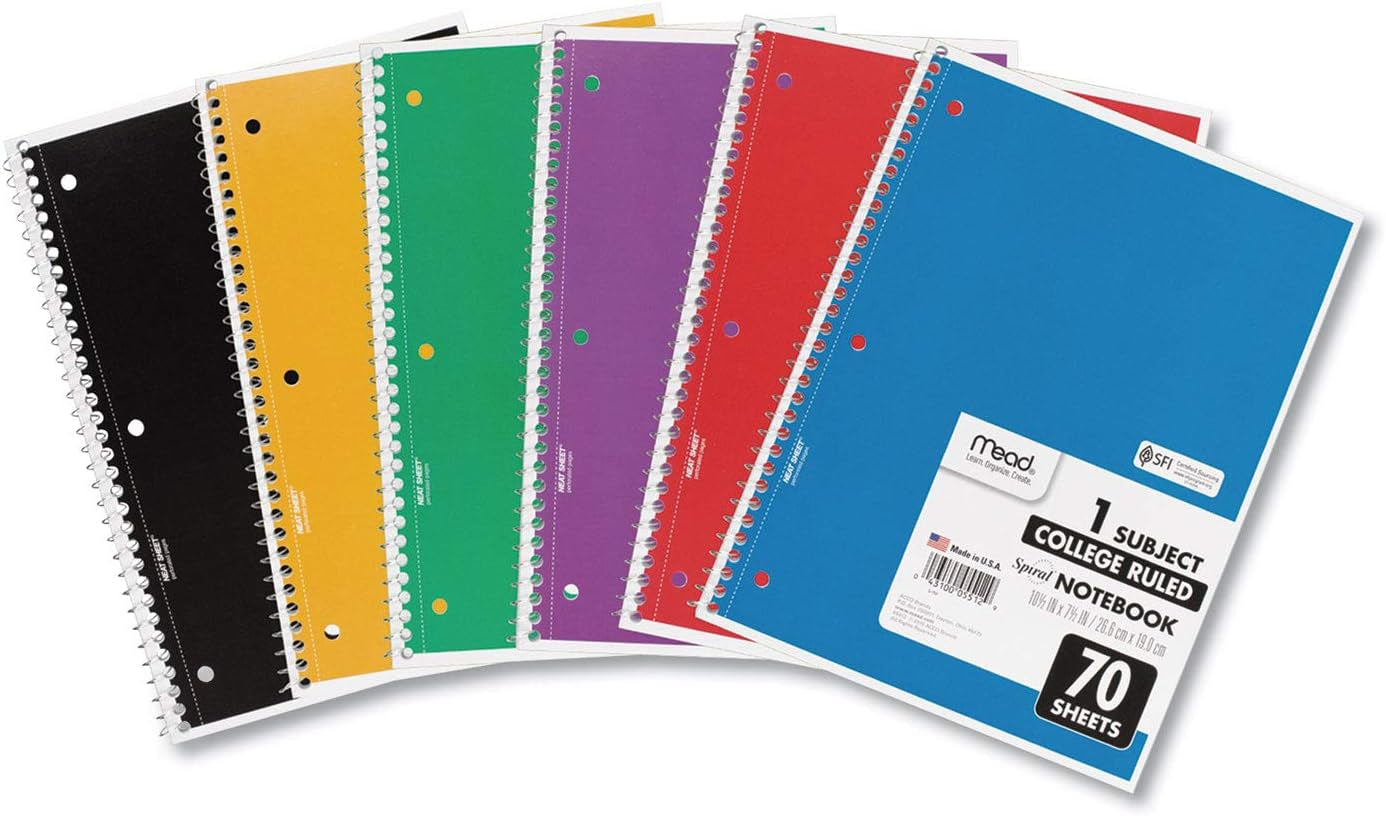 Spiral Notebooks, 6 Pack, 1 Subject, College Ruled Paper, 7-1/2" X 10-1/2", 70 Sheets per Notebook, Color Will Vary (73065)