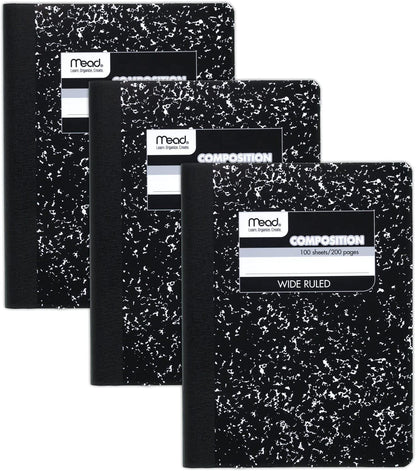 Composition Notebooks, 3 Pack, Wide Ruled Paper, 9-3/4" X 7-1/2", 100 Sheets per Comp Book, Black Marble (38301)