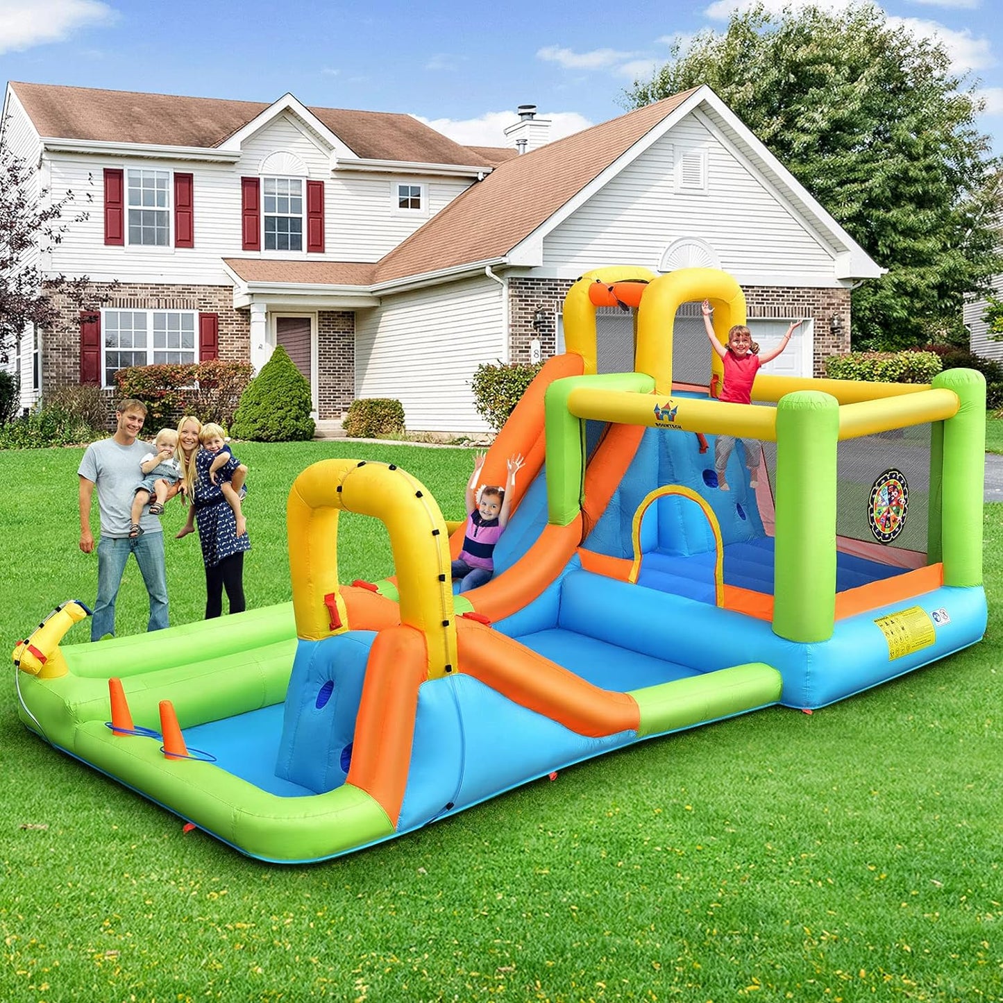 Inflatable Water Slide, 8 in 1 Mega Waterslide Park Bounce House for Outdoor Fun W/735W Blower, Long Slide, Splash Pool, Water Slides Inflatables for Kids and Adults Backyard Party Gifts