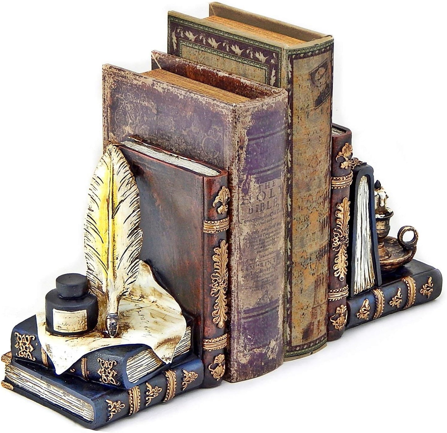  Vintage Bookends Wizard Feather Quill Pen and Ink Bottle with Oil Lamp Antique Style Farmhouse Cottage Lodge Magic Home Decor