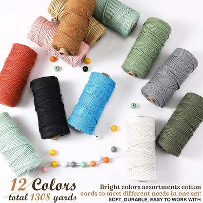 12 Rolls Macrame Cord, 3 Mm X 1308 Yards Natural Cotton Twine, Colored Macrame String, Colorful Cotton Rope for DIY Crafts Knitting, Artworks, Wall Hanging, Plant Hangers (Classic Color)