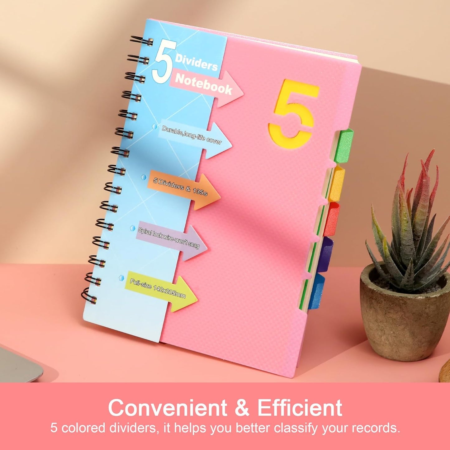 5 Subject Notebooks College Ruled Spiral Notebook 5X7 Hardcover Notebook with Divider Tabs 220 Pages Small Notebook for Work A5 Pink Spiral Notebook College Ruled Notebook for Note Taking School